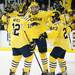 Michigan freshman defenseman Jacob Trouba celebrates after scoring in the third period of the game against Western Michigan on Saturday. The Wolverines won 2-0. Daniel Brenner I AnnArbor.com